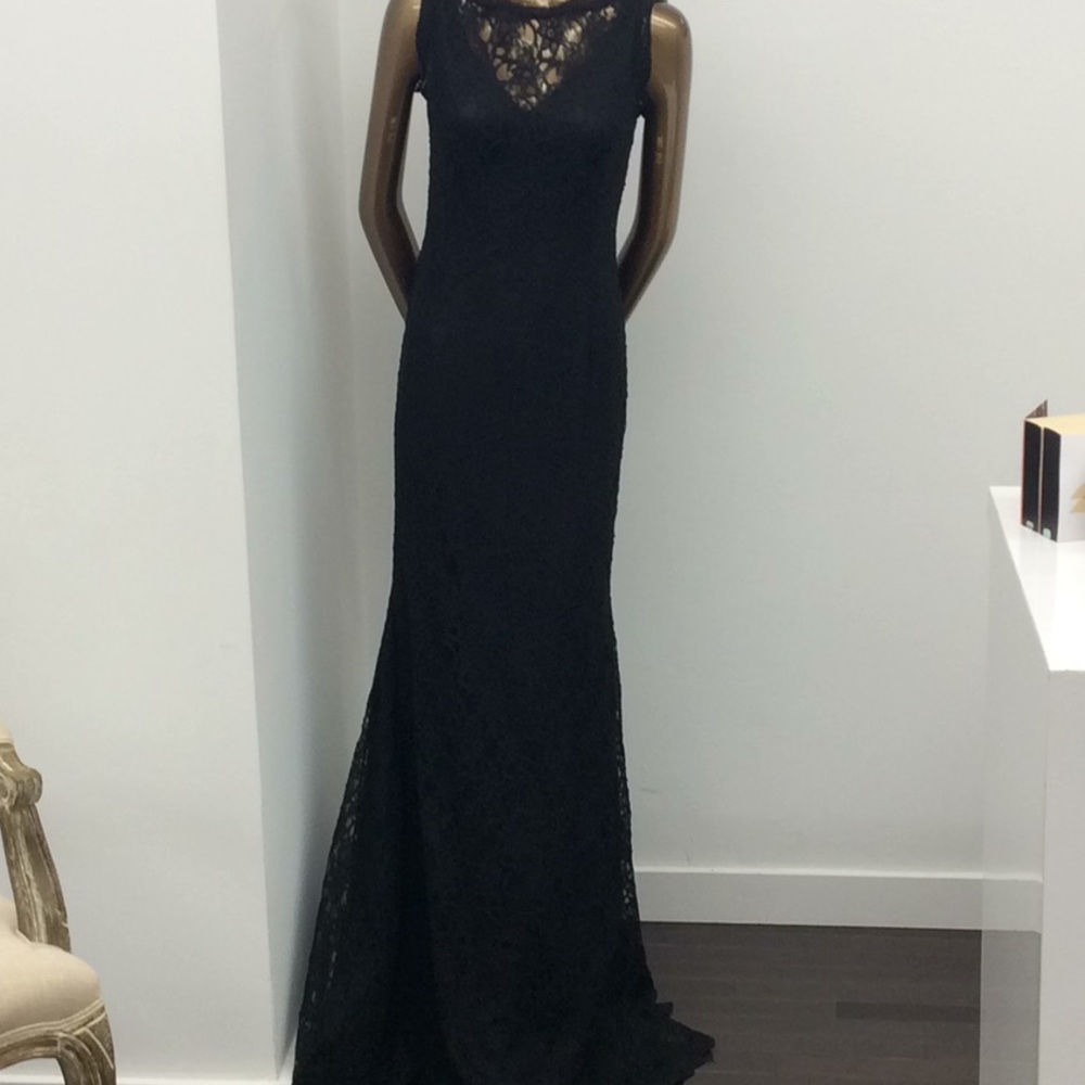 Long backless black lace gown